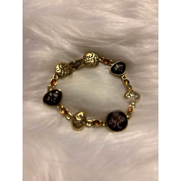 Gold-tone Vtg Scroll Charm Bracelet w/ Black Enamel, Yellow Crystal Accents 7.5” - Picture 3 of 11
